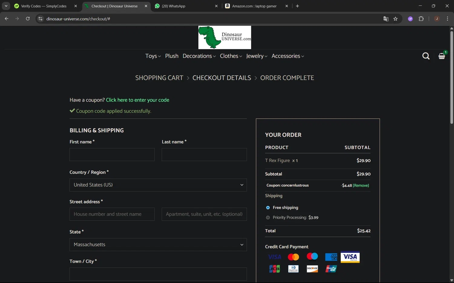 Dinosaur Universe promo code screenshot showing code concernlustrous applied at Dinosaur Universe checkout page. Uploaded by SimplyCodes community member VoucherSpotter9376 on Jul 19, 2025