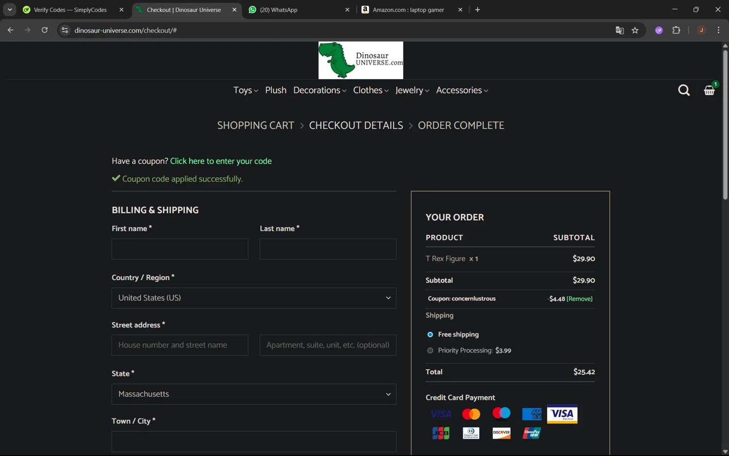 Dinosaur Universe promo code screenshot showing code concernlustrous applied at Dinosaur Universe checkout page. Uploaded by SimplyCodes community member juanx1702 on Jul 19, 2025