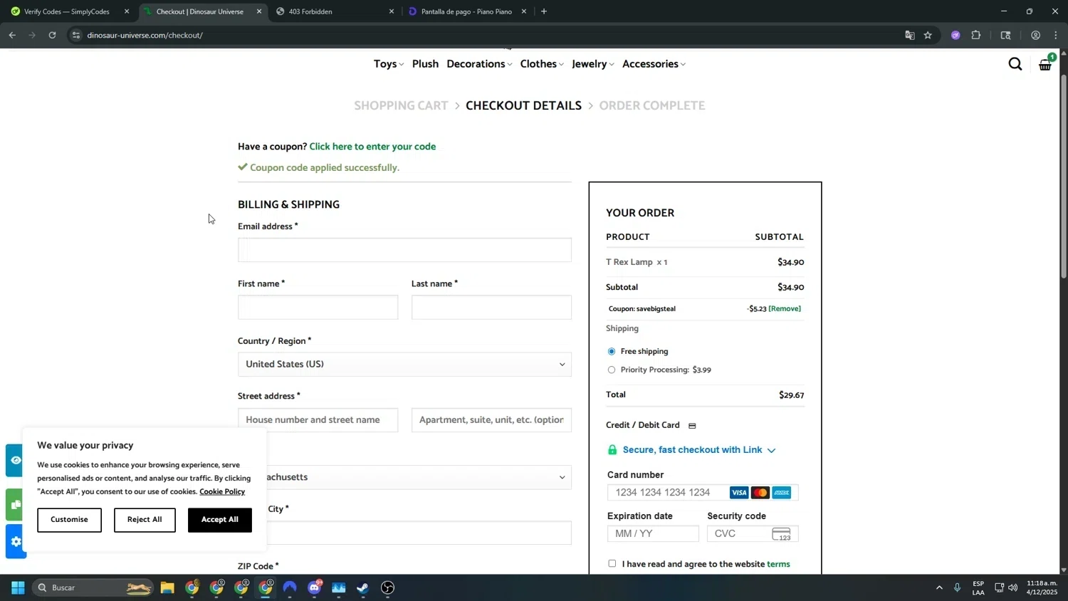 Dinosaur Universe promo code screenshot showing code savebigsteal applied at Dinosaur Universe checkout page. Uploaded by SimplyCodes community member LOgoter on Dec 17, 2025