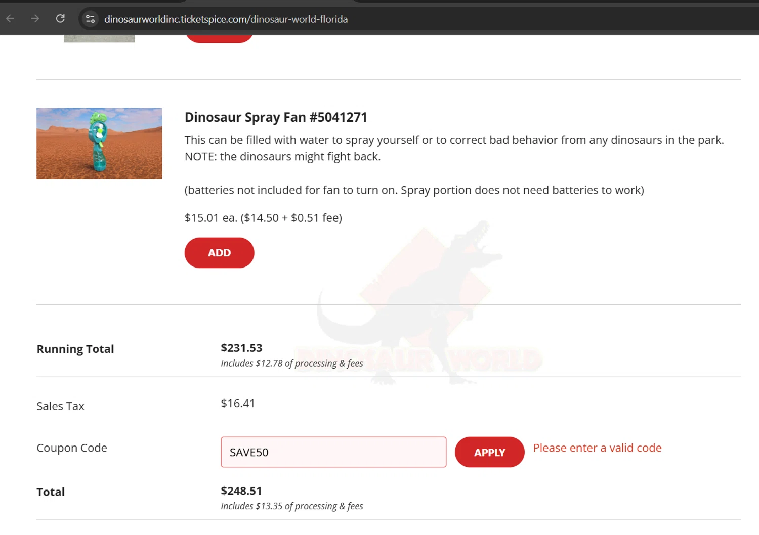Dinosaur World coupon code screenshot showing code SAVE50 applied at Dinosaur World checkout page. Uploaded by SimplyCodes community member Gray_75 on May 31, 2025