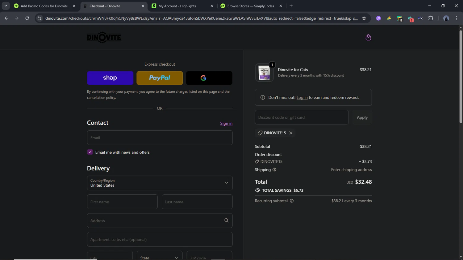 Dinovite promo code screenshot showing code DINOVITE15 applied at Dinovite checkout page. Uploaded by SimplyCodes community member Time_sin_filtro on Jan 31, 2026
