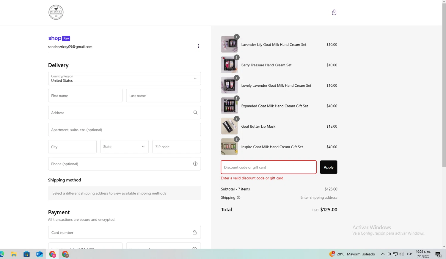 Dionis Goat Milk Skincare promo code screenshot showing code TODAY applied at Dionis Goat Milk Skincare checkout page. Uploaded by SimplyCodes community member ShieldWarden5142 on Jan 7, 2025