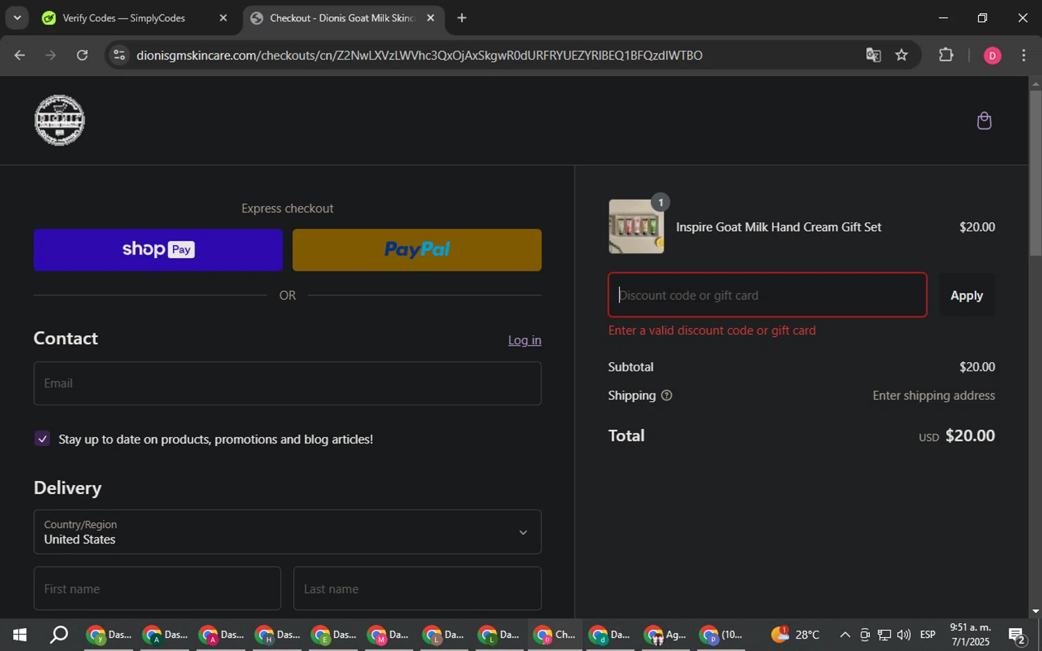 Dionis Goat Milk Skincare promo code screenshot showing code TODAY applied at Dionis Goat Milk Skincare checkout page. Uploaded by SimplyCodes community member LuckyHero4650 on Jan 7, 2025