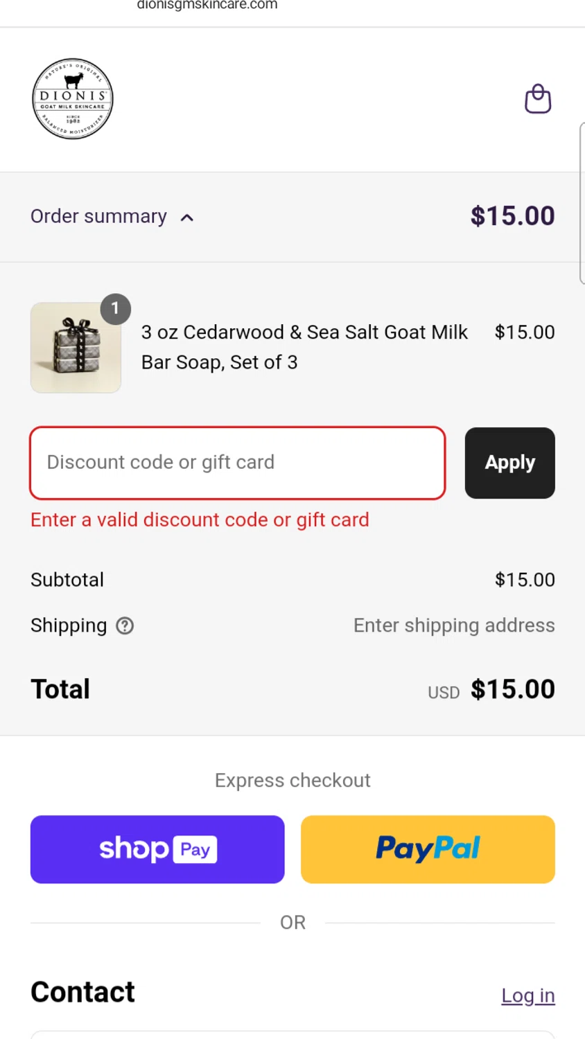 Dionis Goat Milk Skincare promo code screenshot showing code womensday20 applied at Dionis Goat Milk Skincare checkout page. Uploaded by SimplyCodes community member Menotii23 on Apr 2, 2025