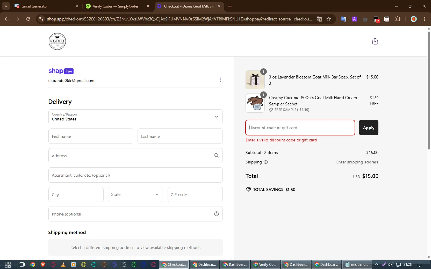 Dionis Goat Milk Skincare promo code screenshot showing code womensday20 applied at Dionis Goat Milk Skincare checkout page. Uploaded by SimplyCodes community member WonderVirtuoso6294 on Apr 2, 2025