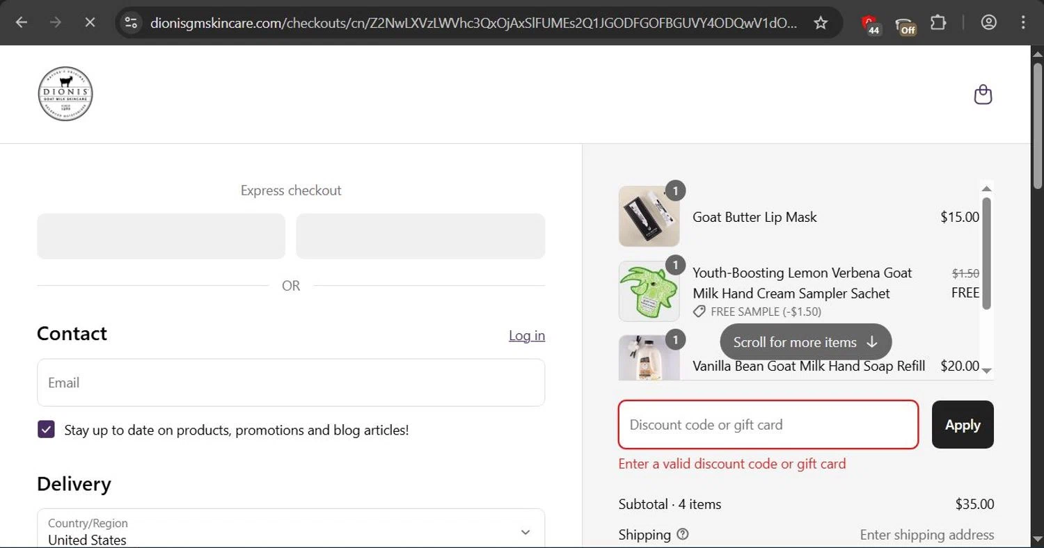 Dionis Goat Milk Skincare promo code screenshot showing code womensday20 applied at Dionis Goat Milk Skincare checkout page. Uploaded by SimplyCodes community member genarawlins on Apr 2, 2025
