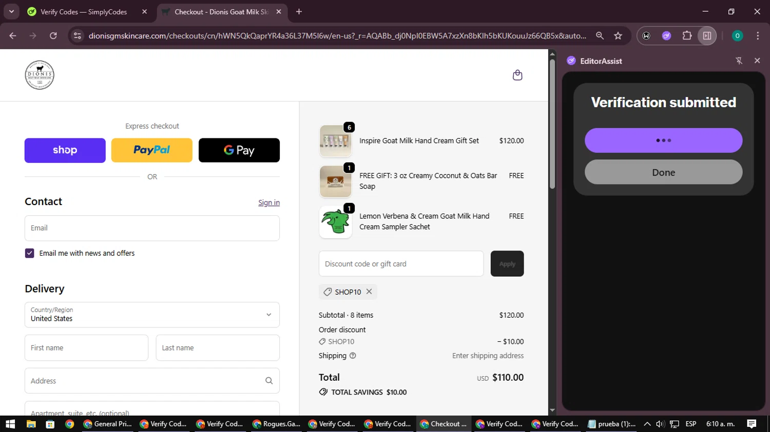 Dionis Goat Milk Skincare promo code screenshot showing code SHOP10 applied at Dionis Goat Milk Skincare checkout page. Uploaded by SimplyCodes community member LuckyDefender9428 on Nov 18, 2025