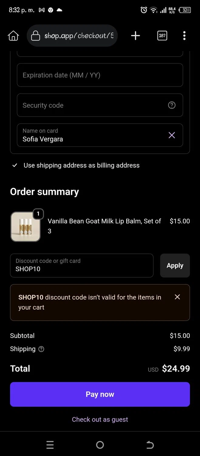 Dionis Goat Milk Skincare promo code screenshot showing code SHOP10 applied at Dionis Goat Milk Skincare checkout page. Uploaded by SimplyCodes community member Pipina11 on Dec 4, 2025