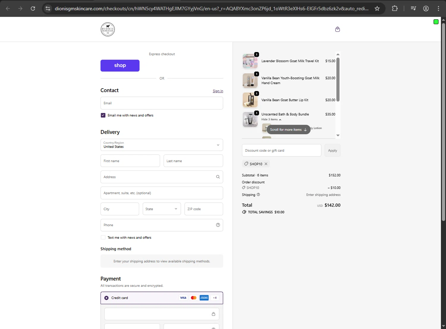 Dionis Goat Milk Skincare promo code screenshot showing code SHOP10 applied at Dionis Goat Milk Skincare checkout page. Uploaded by SimplyCodes community member yessy37 on Nov 23, 2025