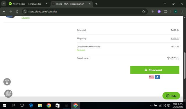 Diono US checkout page showing Diono US promo code box | Screenshot taken by SimplyCodes community member on Aug 27, 2025