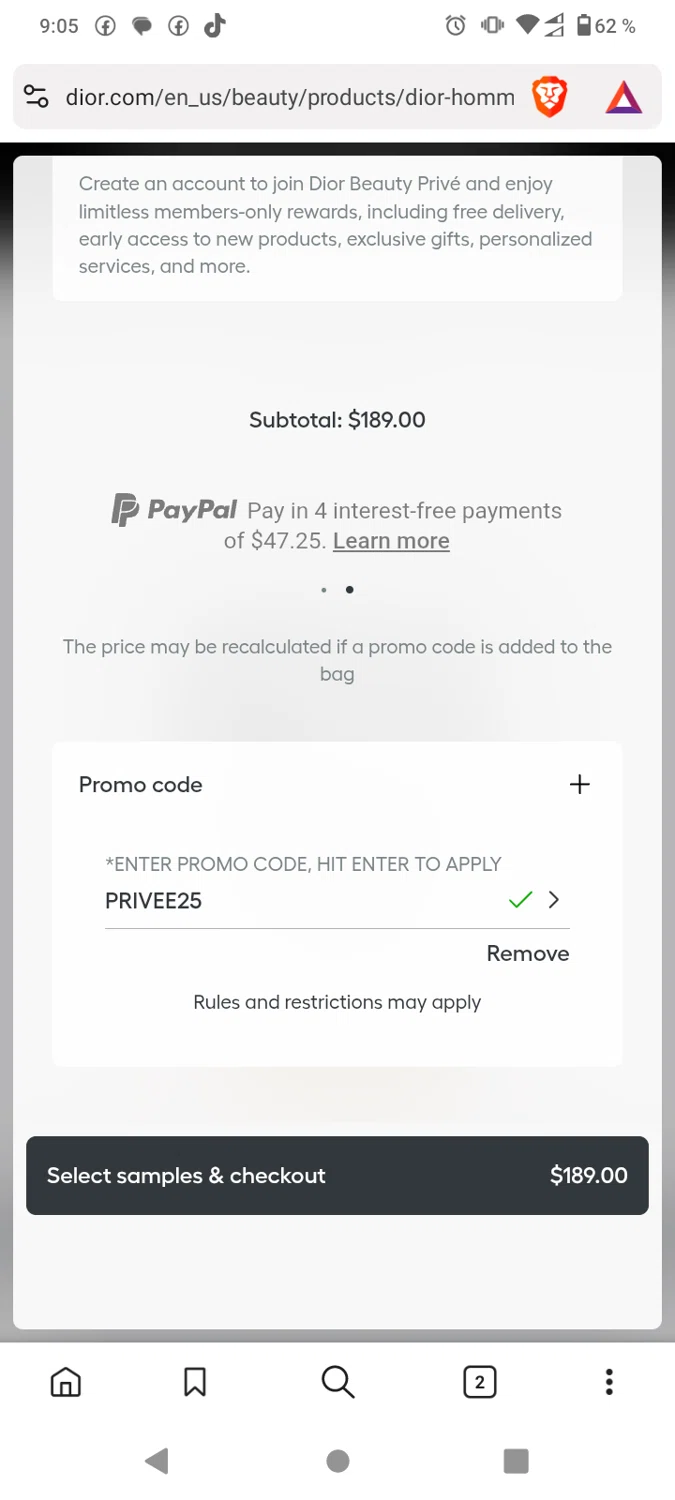 Dior Beauty promo code screenshot showing code PRIVEE25 applied at Dior Beauty checkout page. Uploaded by SimplyCodes community member Alejandra10 on Sep 12, 2025