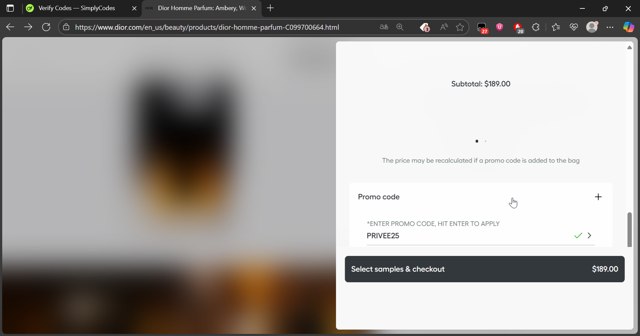 Dior Beauty checkout page showing Dior Beauty promo code box | Screenshot taken by SimplyCodes community member on Aug 10, 2025
