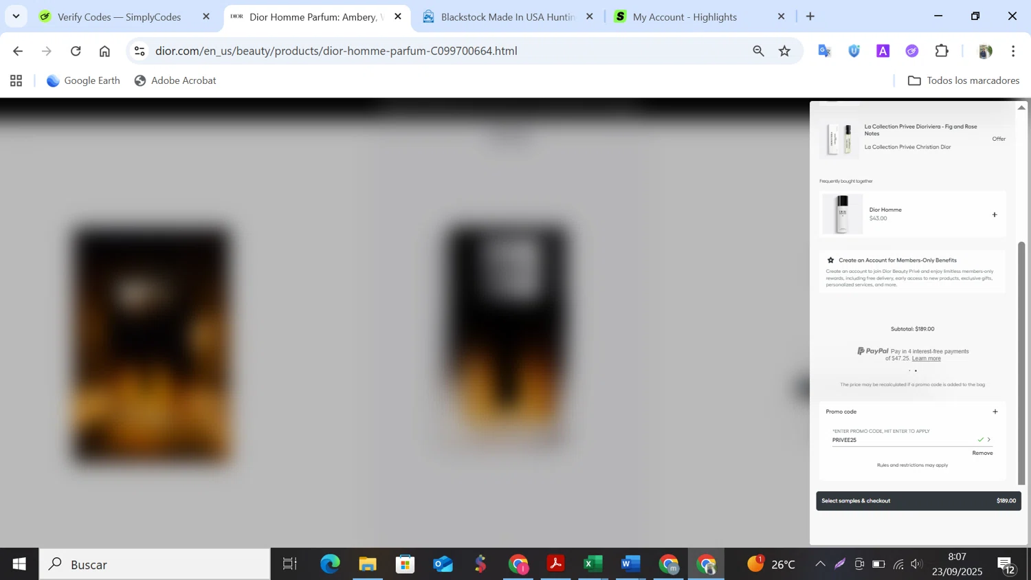 Dior Beauty promo code screenshot showing code PRIVEE25 applied at Dior Beauty checkout page. Uploaded by SimplyCodes community member NobleMonarch5837 on Sep 23, 2025
