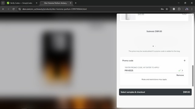Dior Beauty checkout page showing Dior Beauty promo code box | Screenshot taken by SimplyCodes community member on Aug 21, 2025