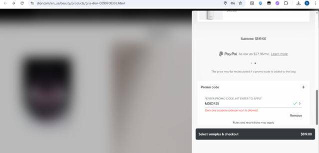 Dior Beauty checkout page showing Dior Beauty promo code box | Screenshot taken by SimplyCodes community member on Oct 4, 2025