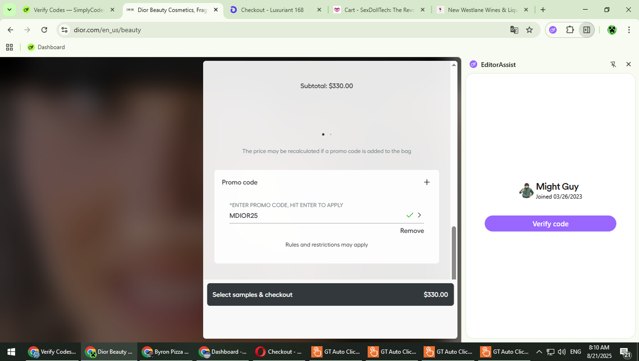 Dior Beauty checkout page showing Dior Beauty promo code box | Screenshot taken by SimplyCodes community member on Aug 21, 2025
