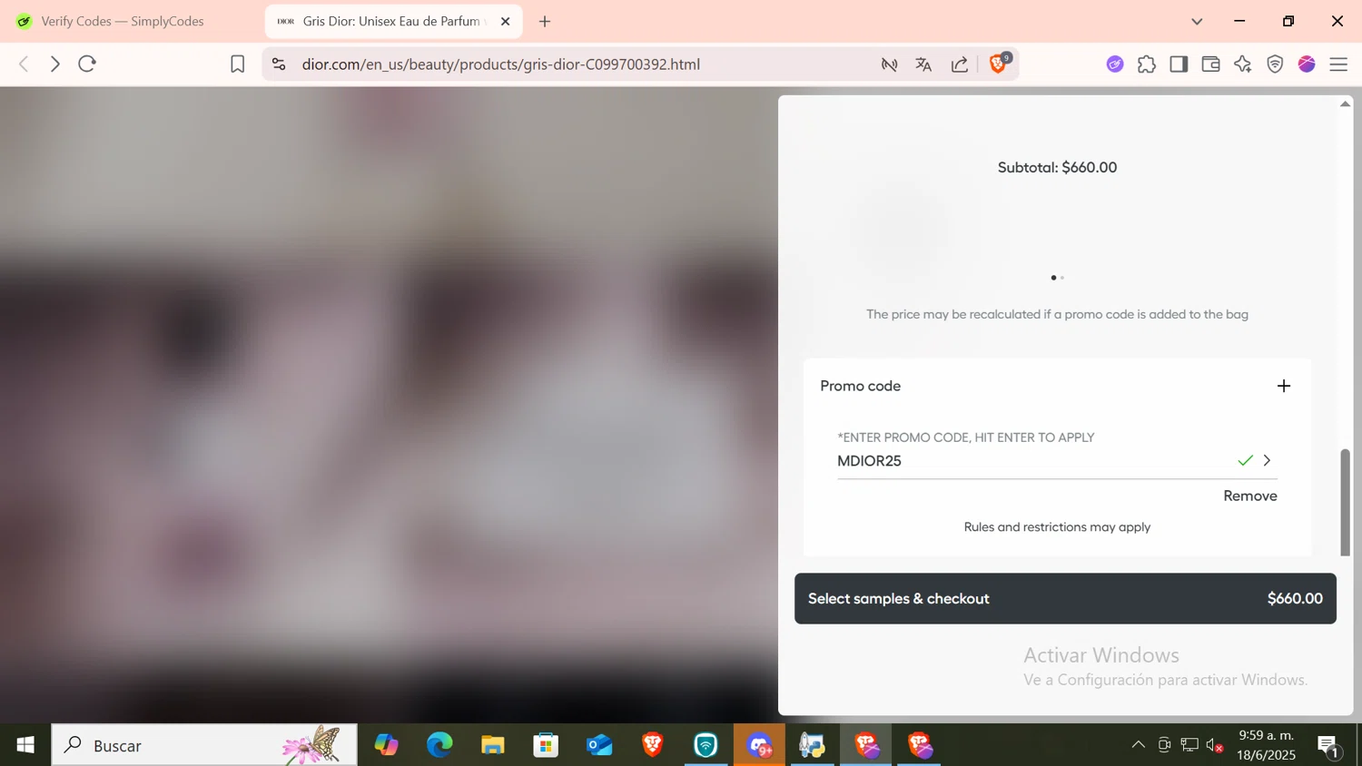 Dior Beauty promo code screenshot showing code MDIOR25 applied at Dior Beauty checkout page. Uploaded by SimplyCodes community member SKAYNE1 on Jun 18, 2025