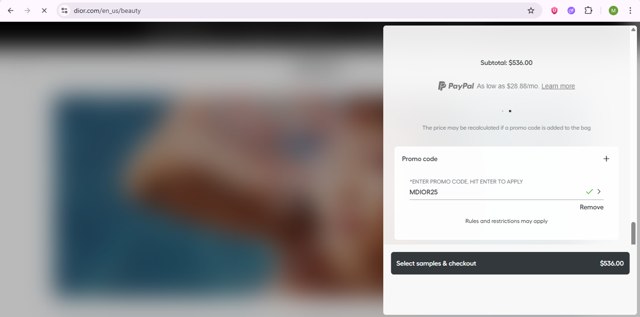 Dior Beauty checkout page showing Dior Beauty promo code box | Screenshot taken by SimplyCodes community member on Aug 10, 2025