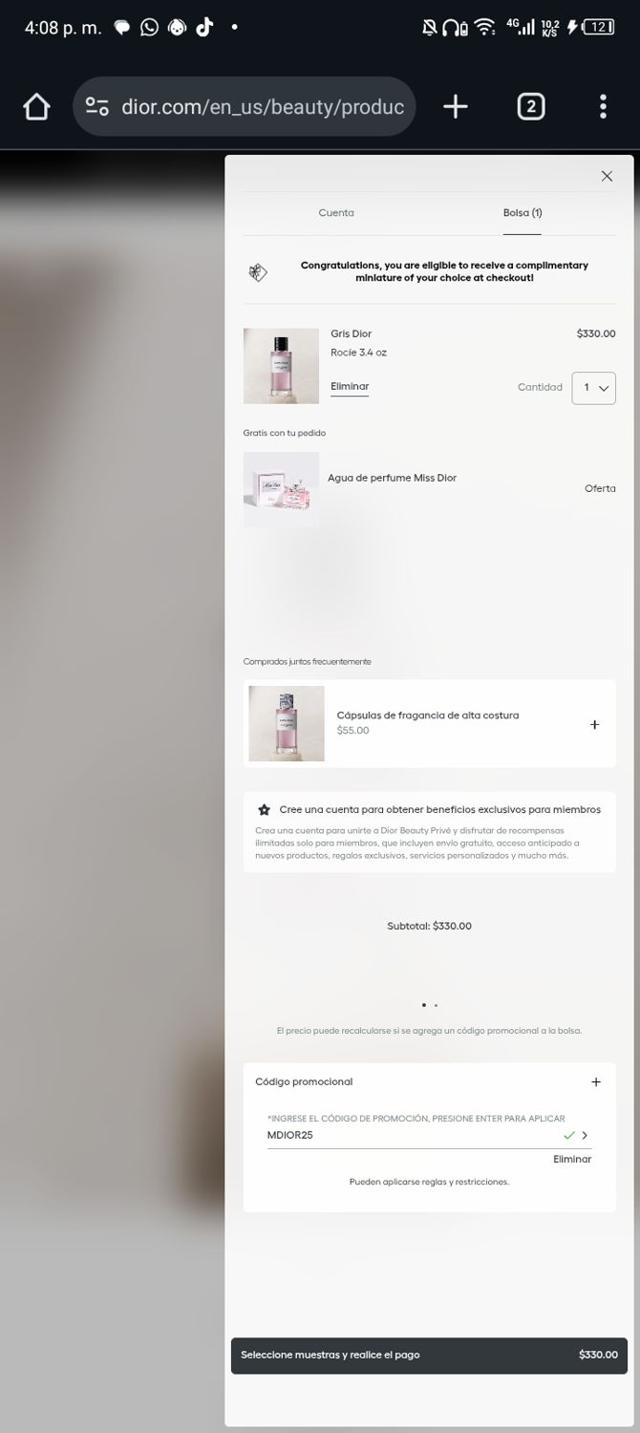 Dior Beauty checkout page showing Dior Beauty promo code box | Screenshot taken by SimplyCodes community member on Oct 4, 2025