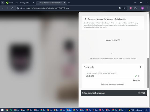 Dior Beauty checkout page showing Dior Beauty promo code box | Screenshot taken by SimplyCodes community member on Oct 4, 2025
