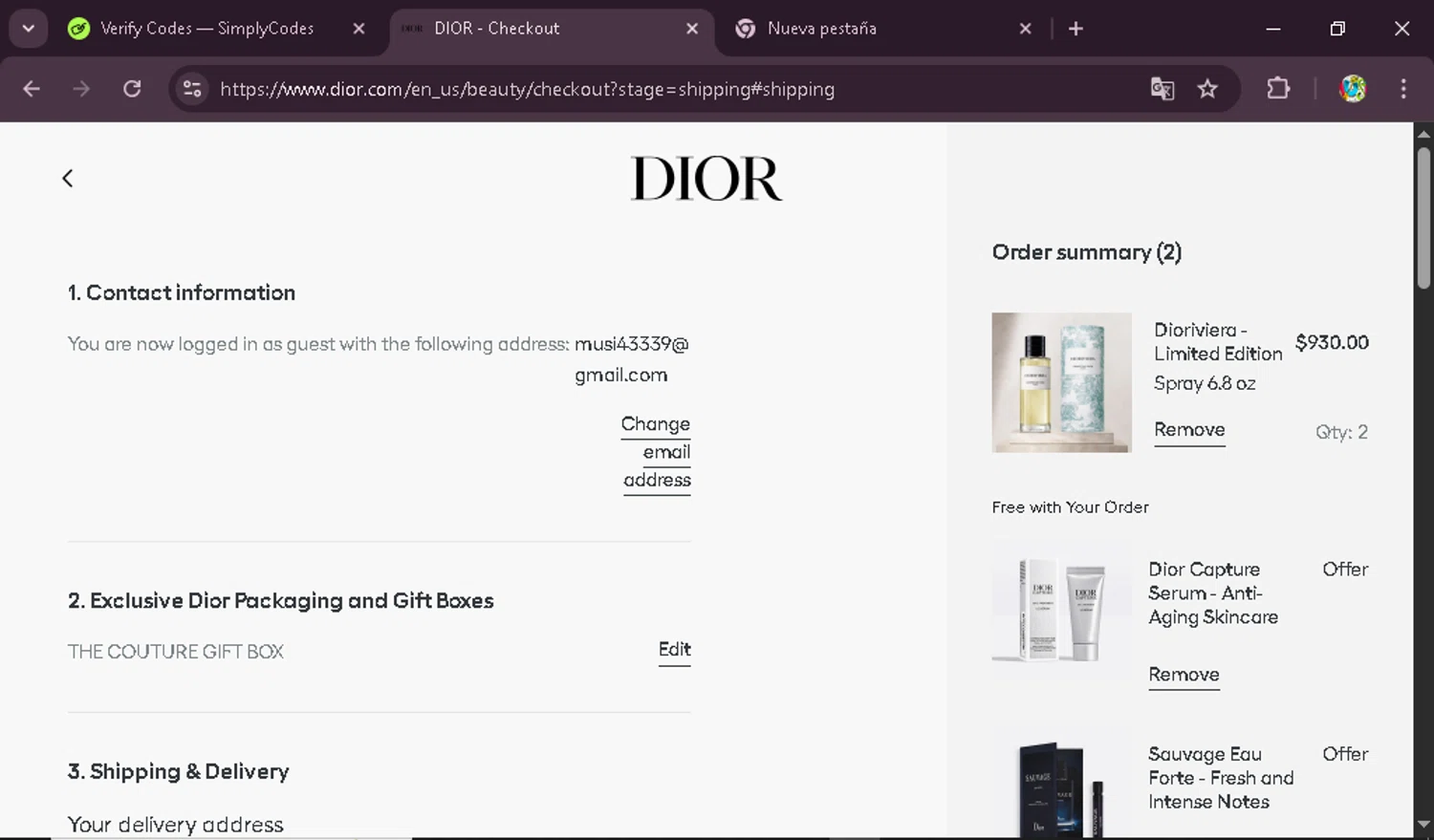 Dior Beauty promo code screenshot showing code LIPSTICK25 applied at Dior Beauty checkout page. Uploaded by SimplyCodes community member DealPioneer9442 on Aug 21, 2025