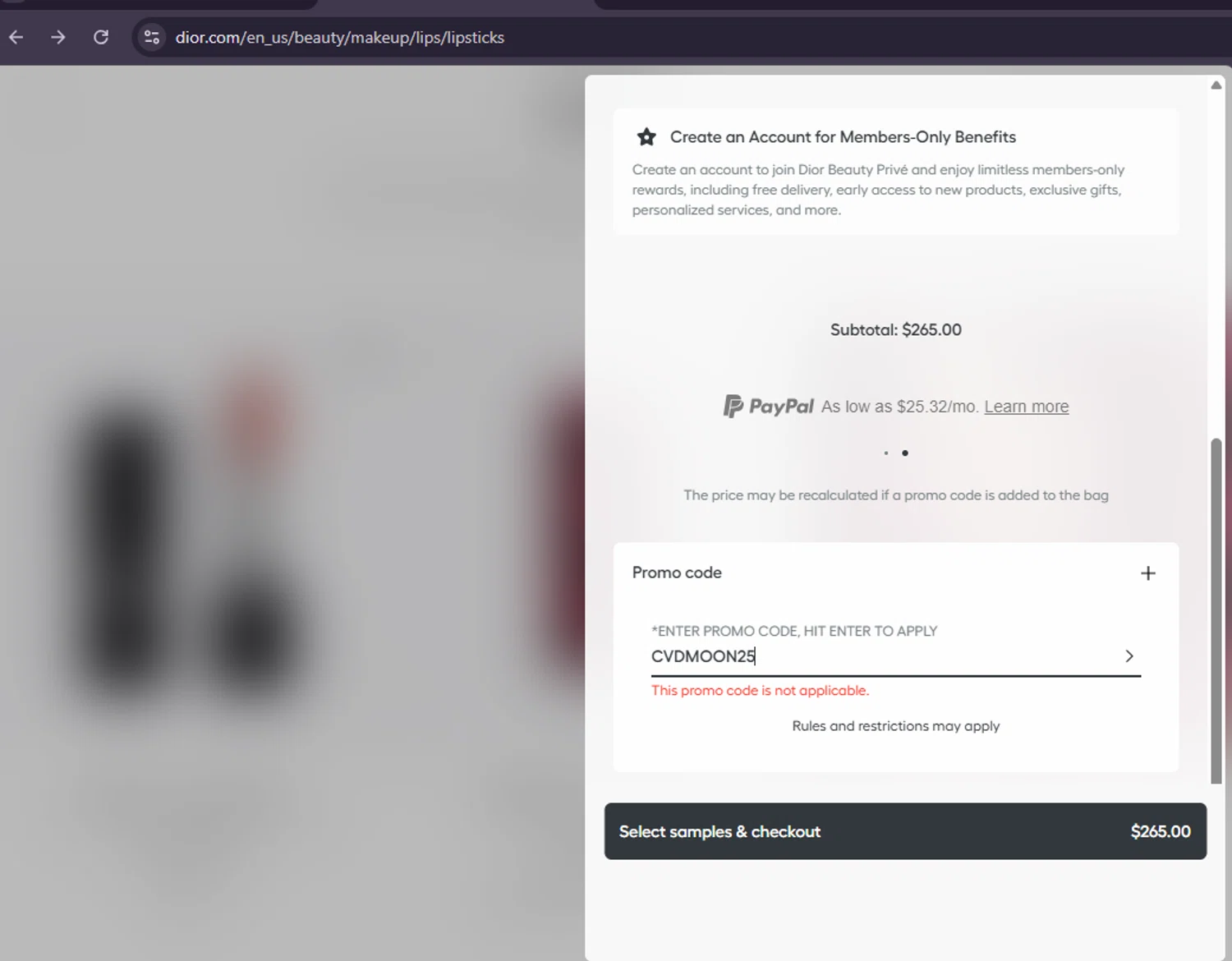 Dior Beauty promo code screenshot showing code CVDMOON25 applied at Dior Beauty checkout page. Uploaded by SimplyCodes community member MoneySage8222 on Sep 8, 2025