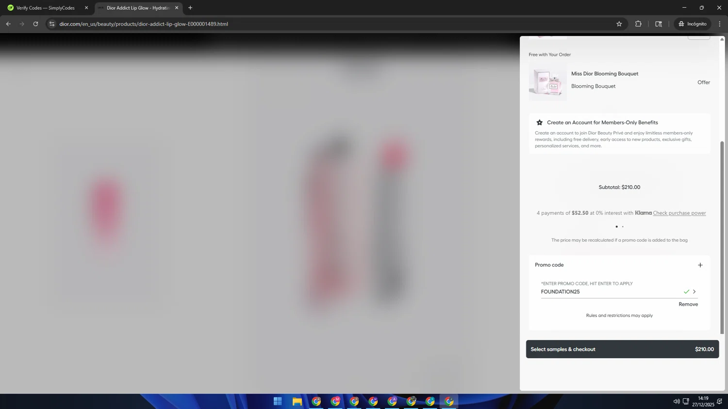 Dior Beauty promo code screenshot showing code FOUNDATION25 applied at Dior Beauty checkout page. Uploaded by SimplyCodes community member AVATIGRITO on Dec 27, 2025