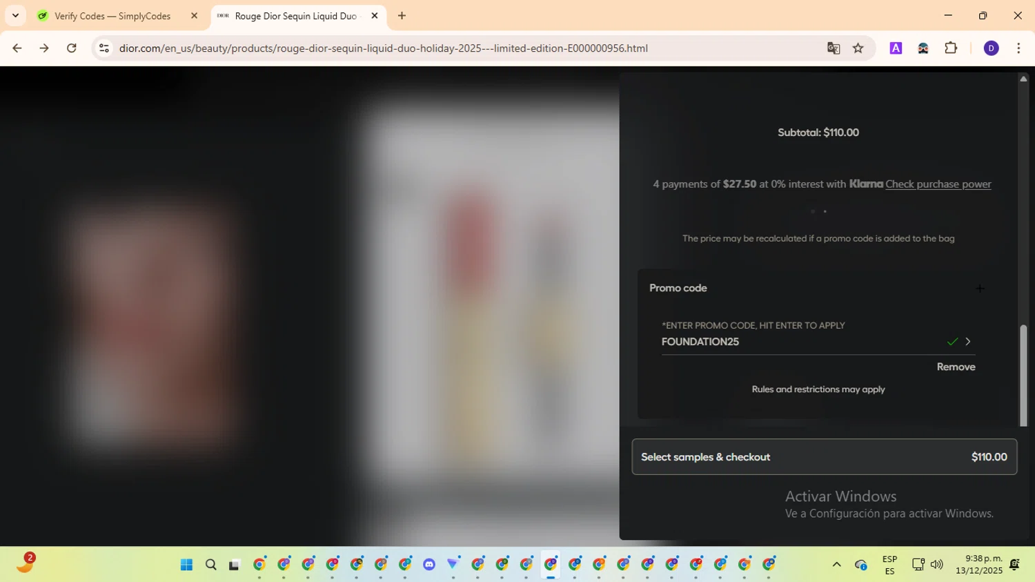 Dior Beauty promo code screenshot showing code FOUNDATION25 applied at Dior Beauty checkout page. Uploaded by SimplyCodes community member MagnificentFinder9583 on Dec 14, 2025