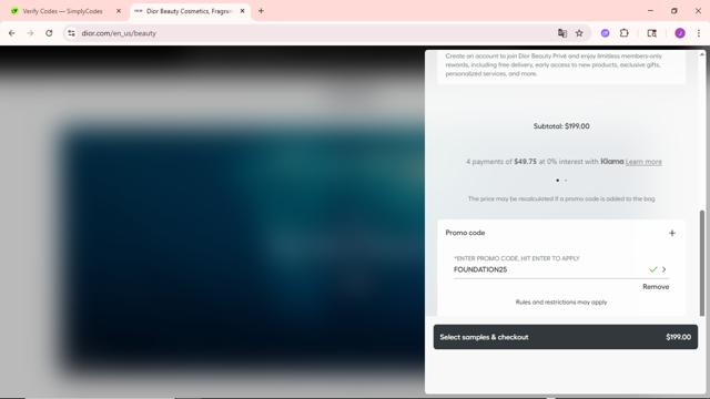 Dior Beauty checkout page showing Dior Beauty promo code box | Screenshot taken by SimplyCodes community member on Sep 24, 2025