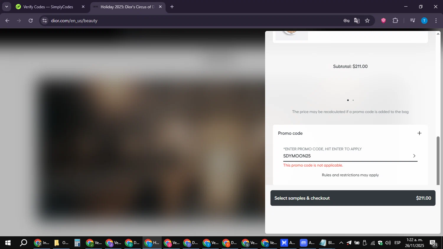 Dior Beauty promo code screenshot showing code SDYMOON25 applied at Dior Beauty checkout page. Uploaded by SimplyCodes community member hankt1521 on Nov 26, 2025