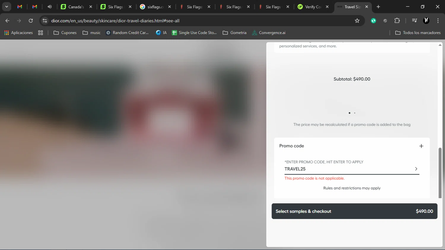 Dior Beauty checkout page showing Dior Beauty promo code box | Screenshot taken by SimplyCodes community member on Jan 2, 2026