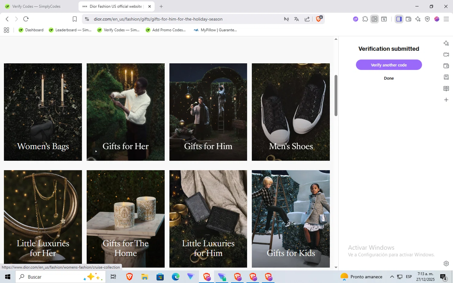 Dior Beauty promo code screenshot showing code CW25 applied at Dior Beauty checkout page. Uploaded by SimplyCodes community member Rayyyyyy on Dec 27, 2025