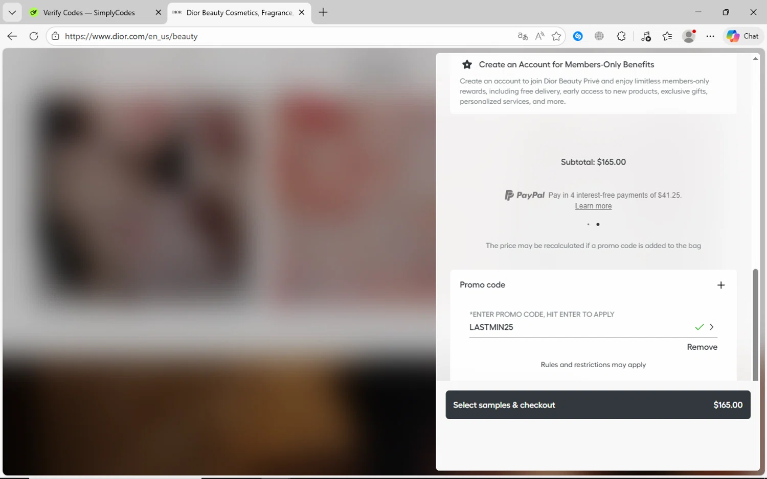 Dior Beauty promo code screenshot showing code LASTMIN25 applied at Dior Beauty checkout page. Uploaded by SimplyCodes community member jhoanDepp on Dec 26, 2025