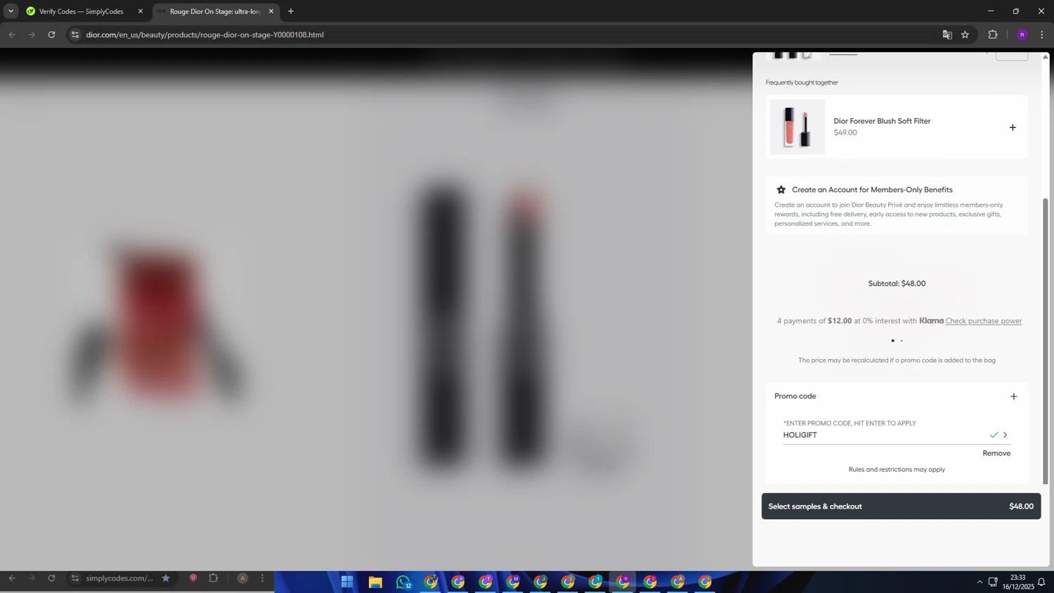Dior Beauty checkout page showing Dior Beauty promo code box | Screenshot taken by SimplyCodes community member on Dec 17, 2025
