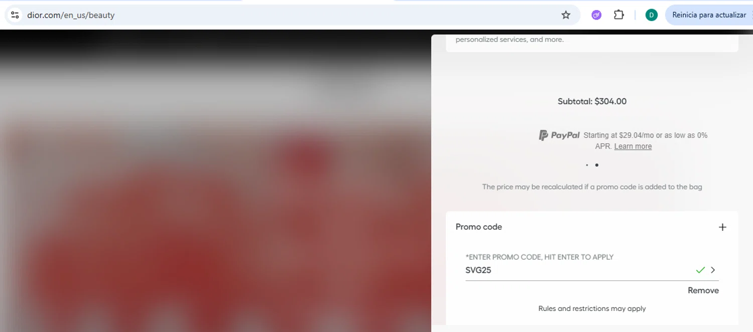 Dior Beauty promo code screenshot showing code SVG25 applied at Dior Beauty checkout page. Uploaded by SimplyCodes community member eudorasuarez on Dec 29, 2025