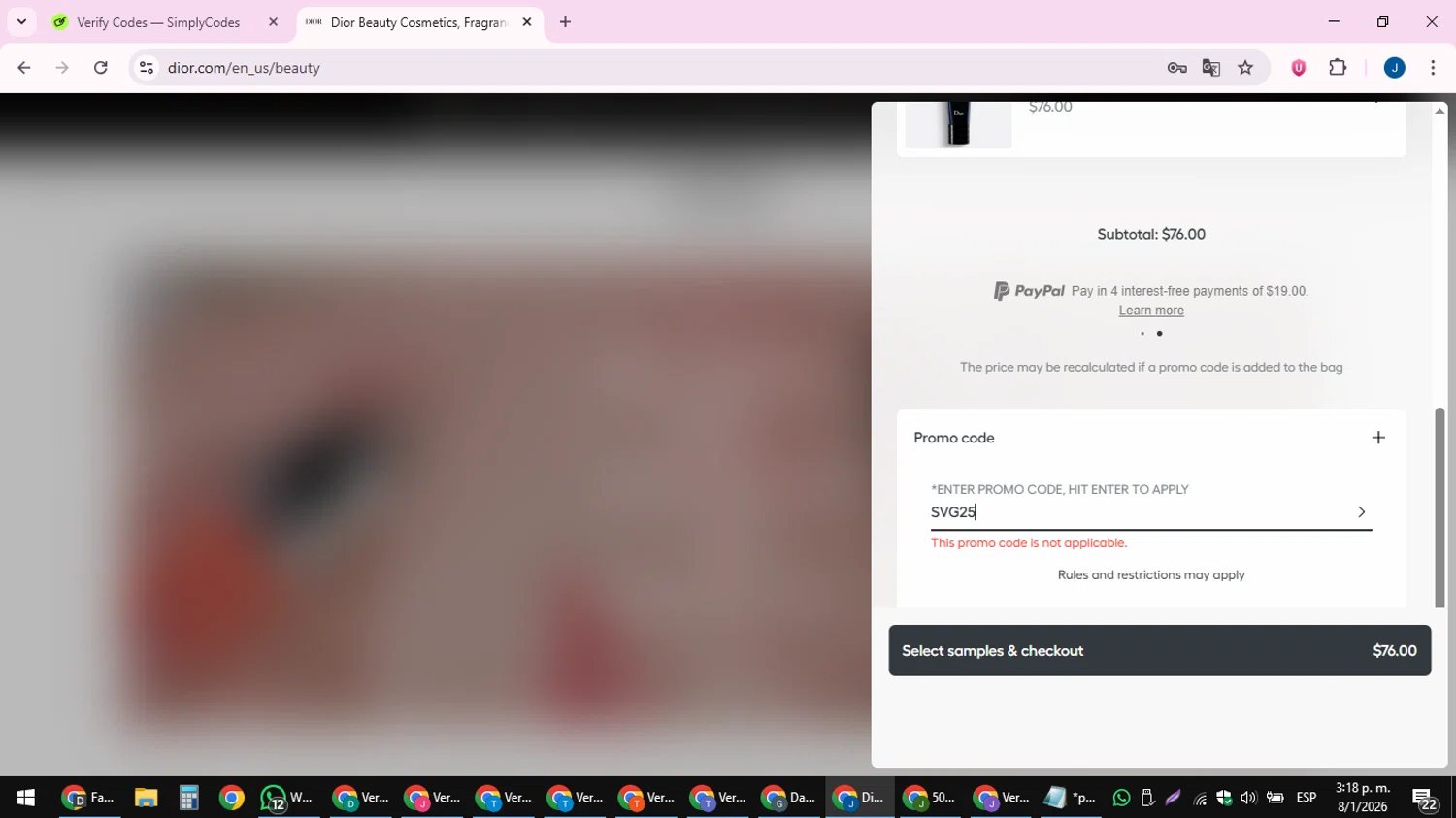Dior Beauty promo code screenshot showing code SVG25 applied at Dior Beauty checkout page. Uploaded by SimplyCodes community member noesmith34ur on Jan 8, 2026