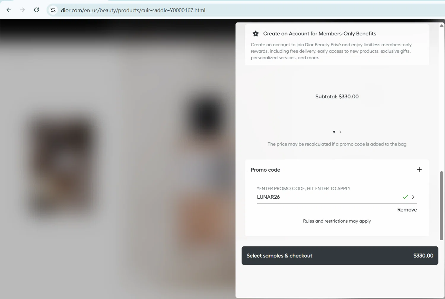 Dior Beauty checkout page showing Dior Beauty promo code box | Screenshot taken by SimplyCodes community member on Jan 9, 2026