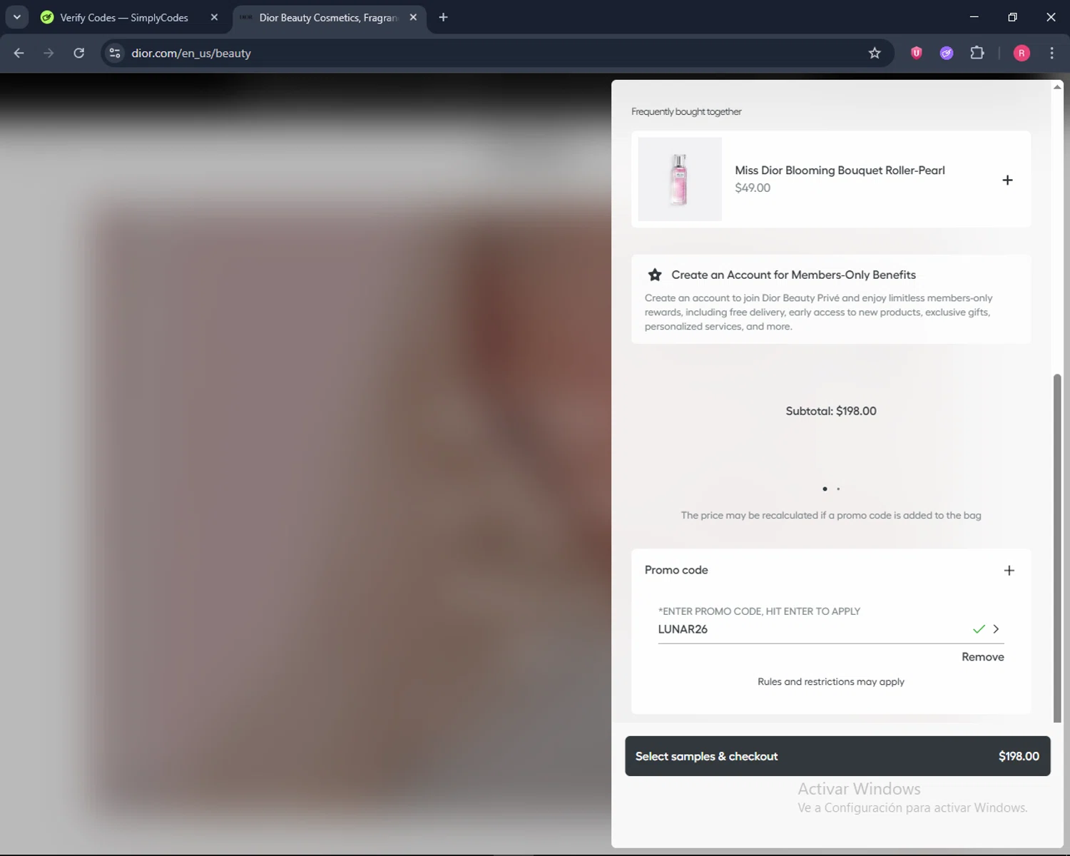 Dior Beauty checkout page showing Dior Beauty promo code box | Screenshot taken by SimplyCodes community member on Jan 20, 2026