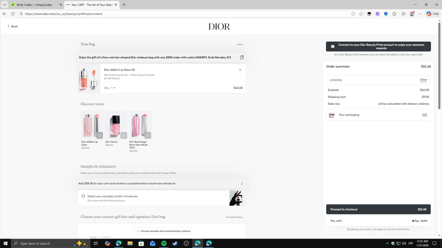 Dior Beauty promo code screenshot showing code LUNAR26 applied at Dior Beauty checkout page. Uploaded by SimplyCodes community member fghfgefds2 on Jan 31, 2026