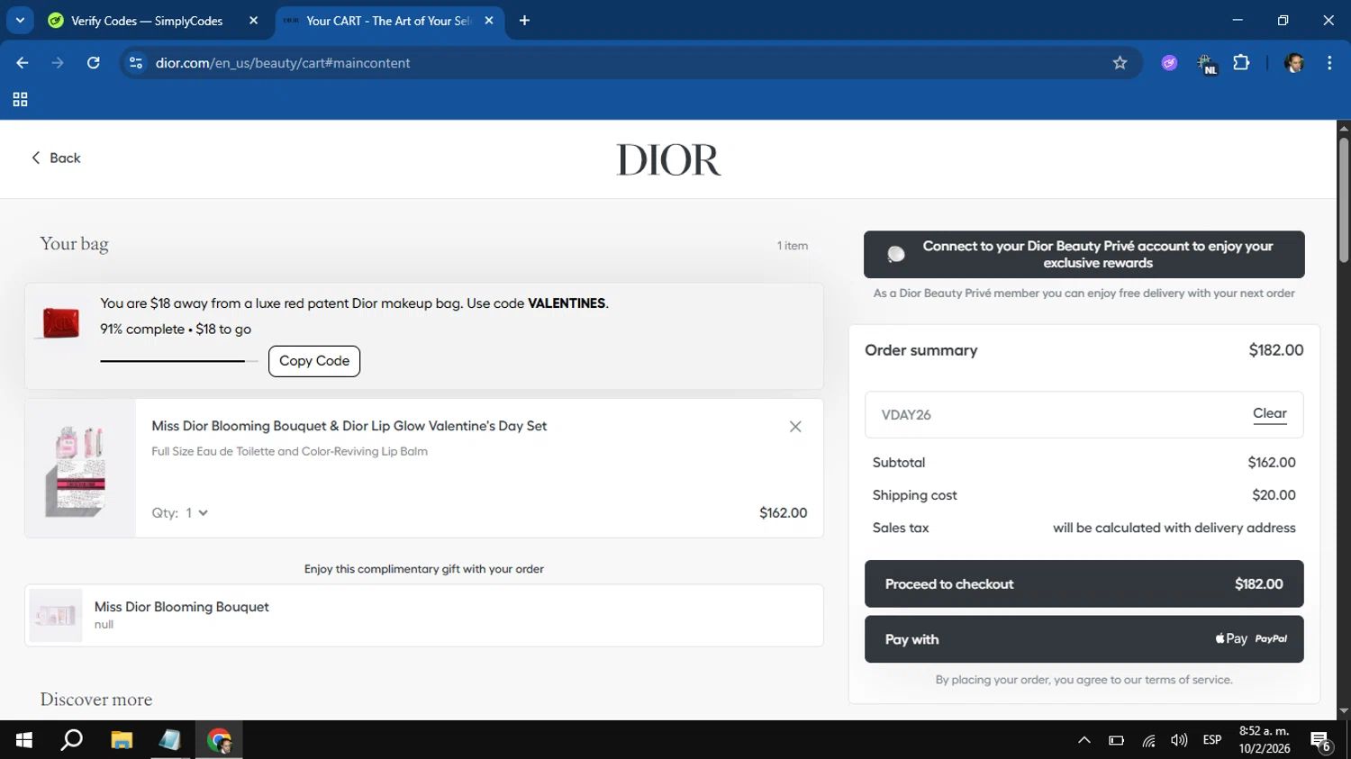 Dior Beauty checkout page showing Dior Beauty promo code box | Screenshot taken by SimplyCodes community member on Feb 10, 2026