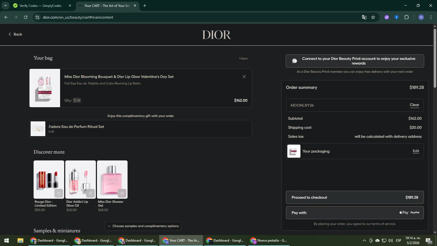 Dior Beauty checkout page showing Dior Beauty promo code box | Screenshot taken by SimplyCodes community member on Feb 5, 2026
