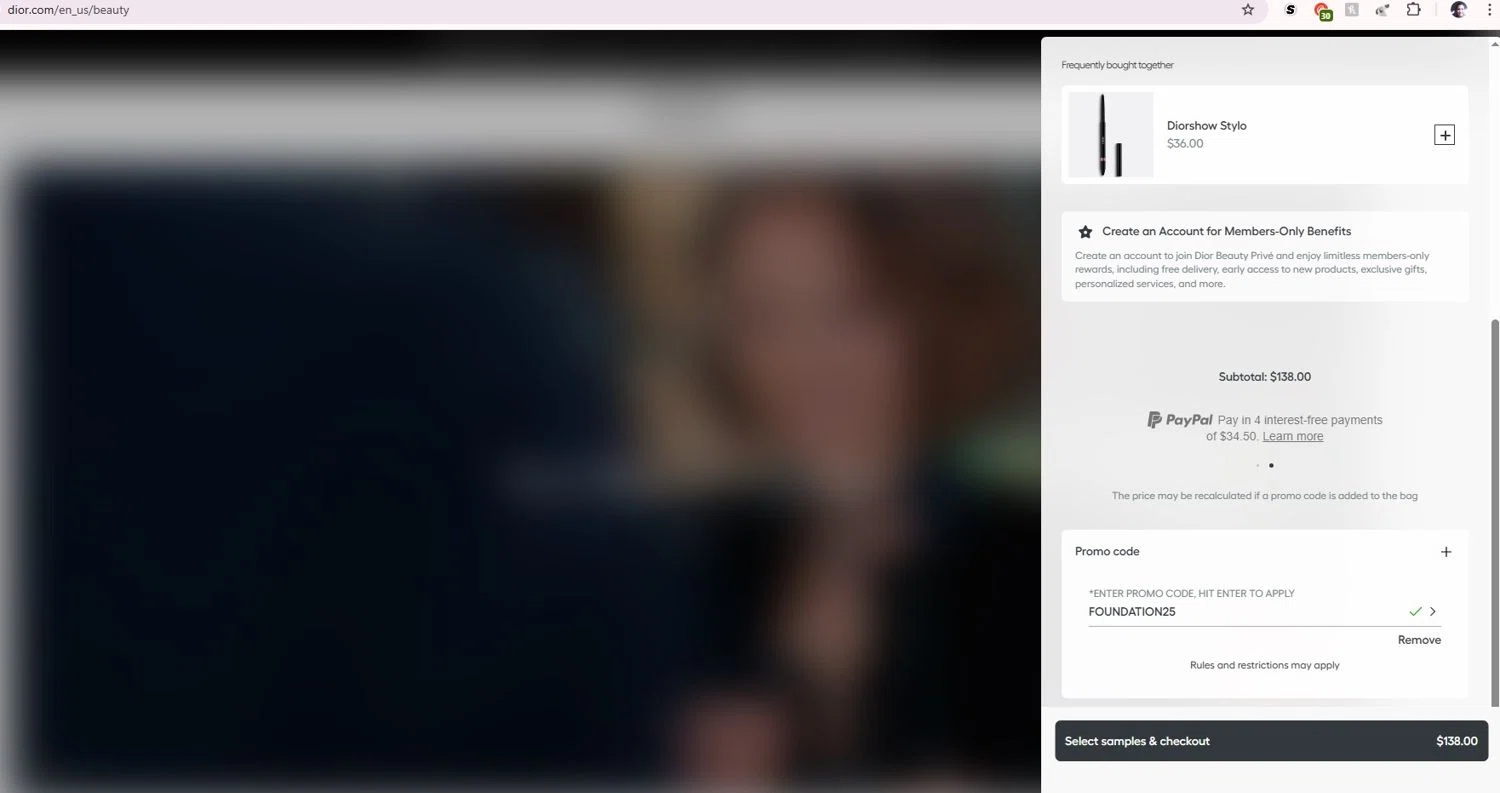 Dior Beauty promo code screenshot showing code FOUNDATION25 applied at Dior Beauty checkout page. Uploaded by SimplyCodes community member angelfigueroa2008 on Aug 24, 2025