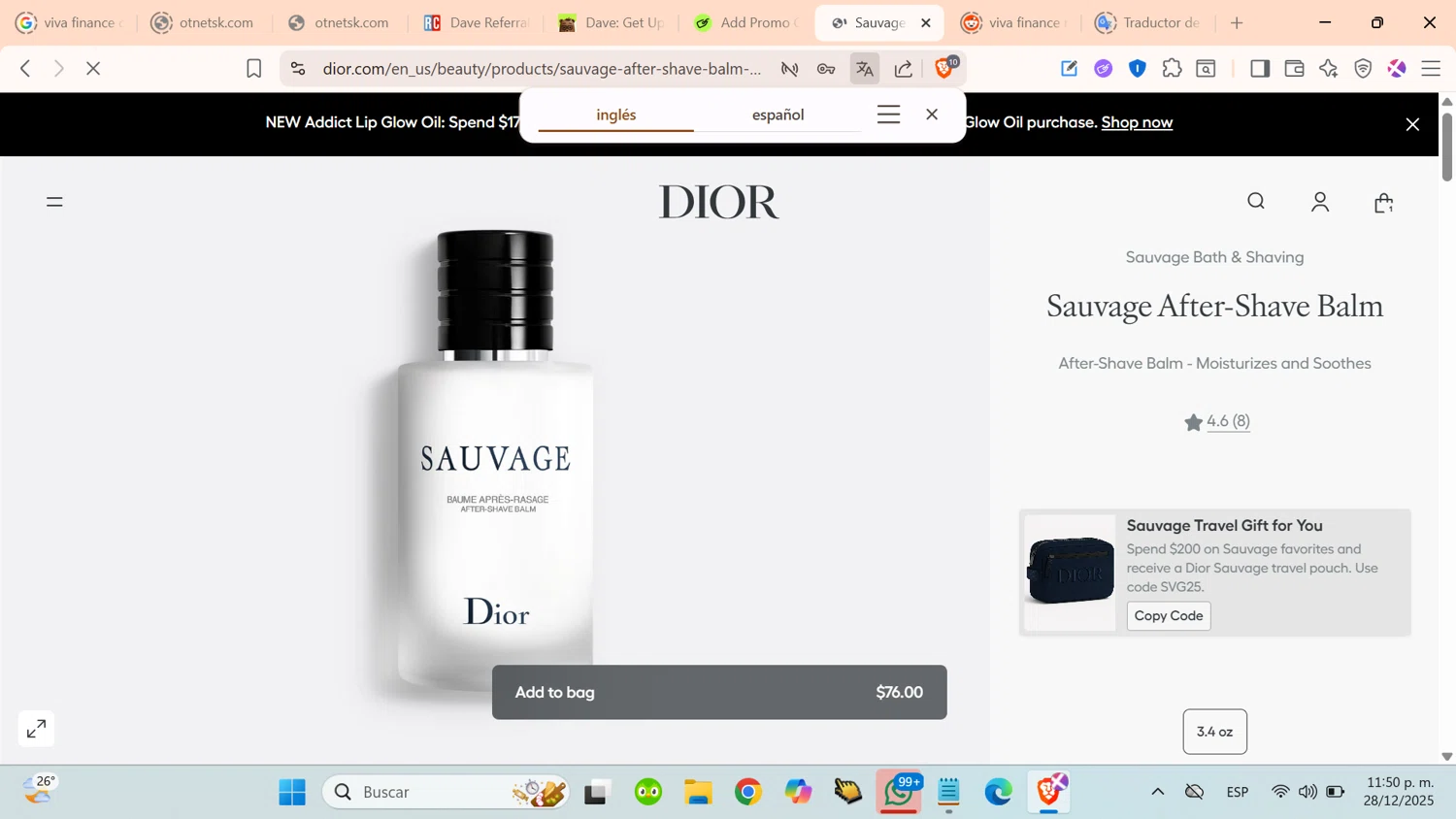 Dior Beauty promo code screenshot showing code SVG25 applied at Dior Beauty checkout page. Uploaded by SimplyCodes community member cosita on Dec 29, 2025
