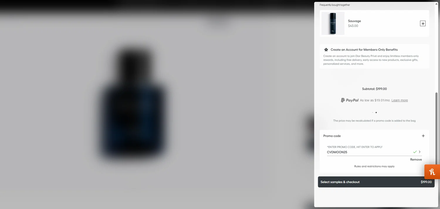 Dior Beauty promo code screenshot showing code CVDMOON25 applied at Dior Beauty checkout page. Uploaded by SimplyCodes community member ivantorres on Aug 18, 2025