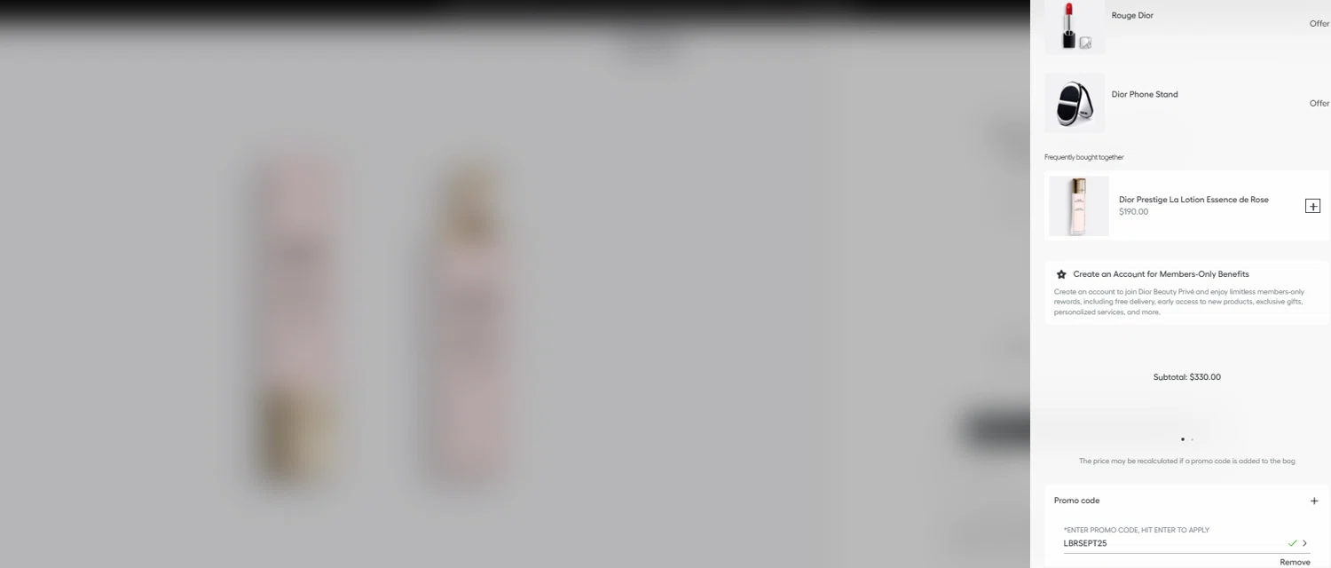 Dior Beauty promo code screenshot showing code LBRSEPT25 applied at Dior Beauty checkout page. Uploaded by SimplyCodes community member jesspea on Aug 29, 2025