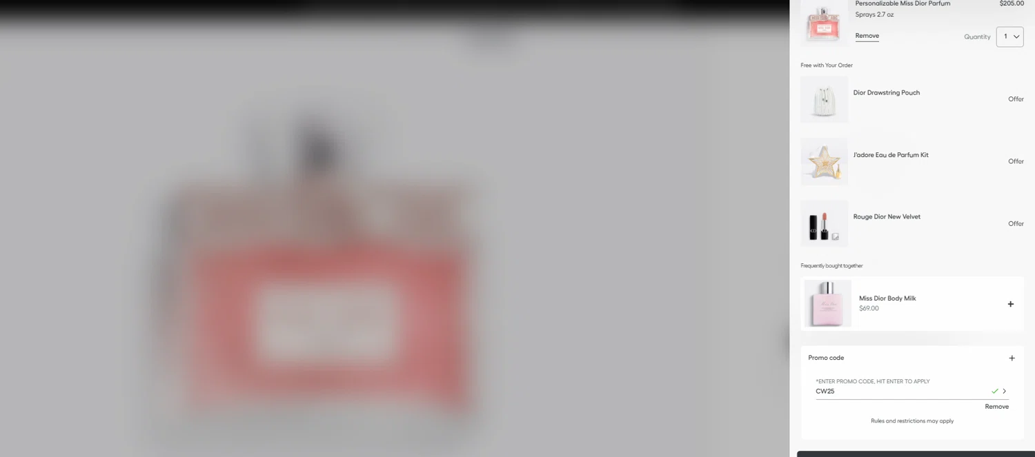 Dior Beauty promo code screenshot showing code CW25 applied at Dior Beauty checkout page. Uploaded by SimplyCodes community member jesspea on Dec 5, 2025