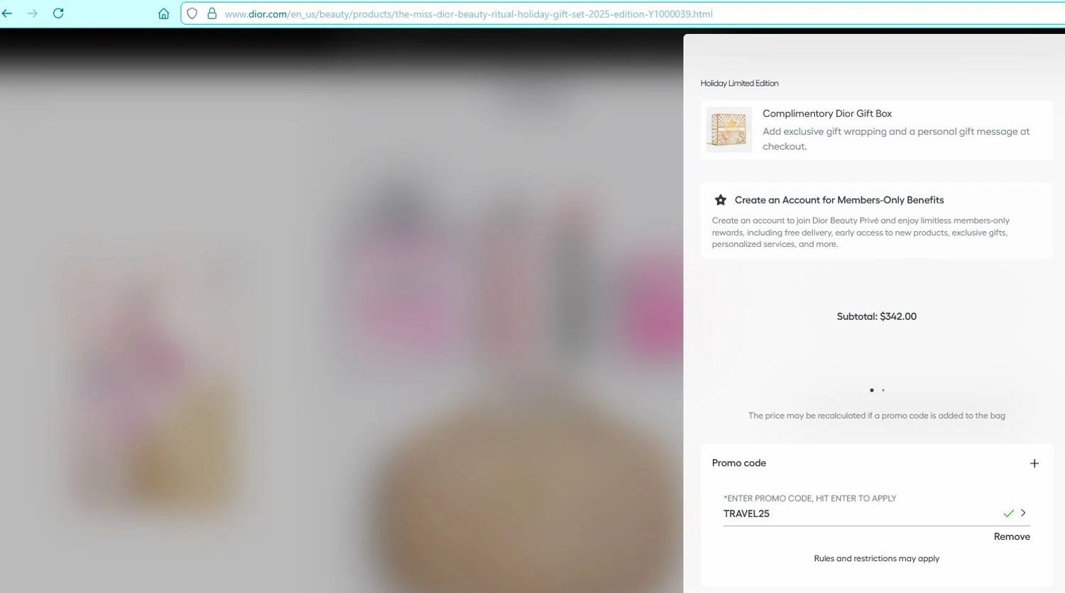 Dior Beauty promo code screenshot showing code TRAVEL25 applied at Dior Beauty checkout page. Uploaded by SimplyCodes community member stygian1 on Nov 19, 2025