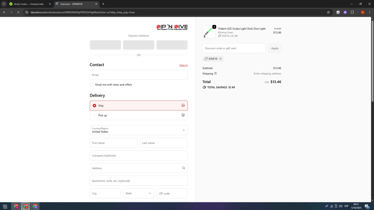 Dip 'N Dive promo code screenshot showing code DIVE10 applied at Dip 'N Dive checkout page. Uploaded by SimplyCodes community member elconsentido on Oct 5, 2025