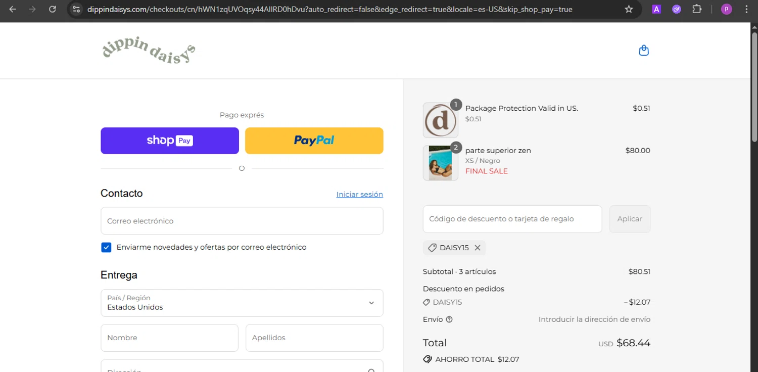 Dippin' Daisy's Swimwear promo code screenshot showing code DAISY15 applied at Dippin' Daisy's Swimwear checkout page. Uploaded by SimplyCodes community member firoas on Aug 19, 2025