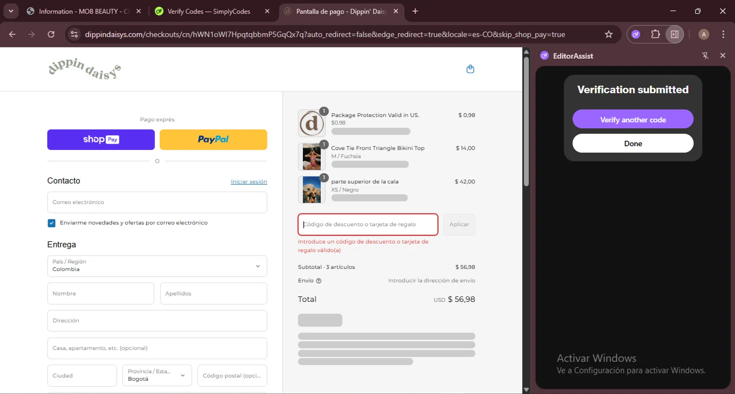 Dippin' Daisy's Swimwear promo code screenshot showing code MCK15 applied at Dippin' Daisy's Swimwear checkout page. Uploaded by SimplyCodes community member GoldRanger7896 on Aug 15, 2025